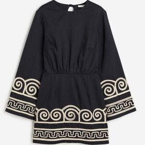 H&M Embroidered Lyocell-blend Black Embroidered Longsleeve Mini Dress, XS